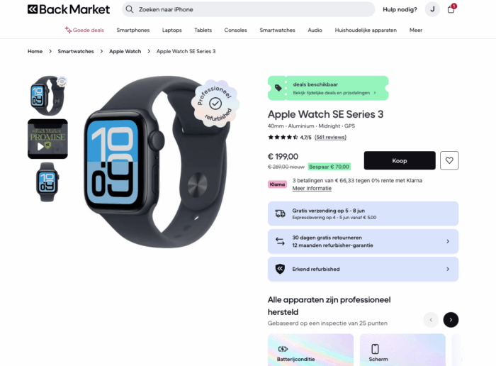 Apple Watch SE Series 3 refurbished te koop op Back Market voor €199 met conditie Uitstekend