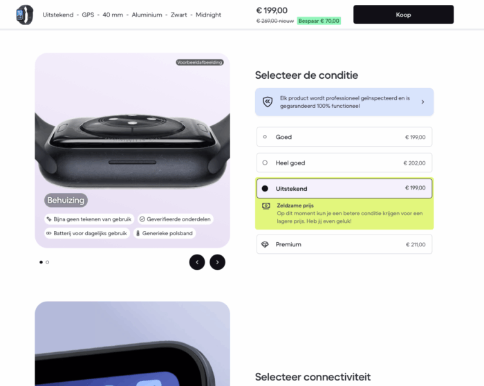 Overzicht van conditie-opties op Back Market bij de aankoop van een Apple Watch SE refurbished