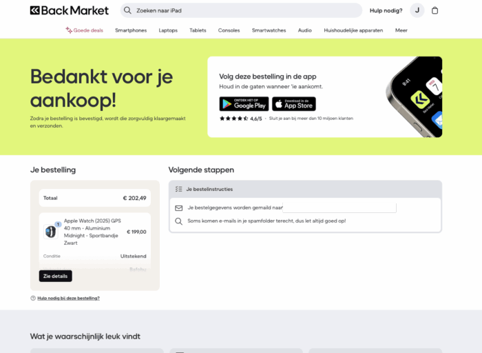 Bevestigingspagina op Back Market na aankoop van een Apple Watch SE met totaalbedrag en volgende stappen