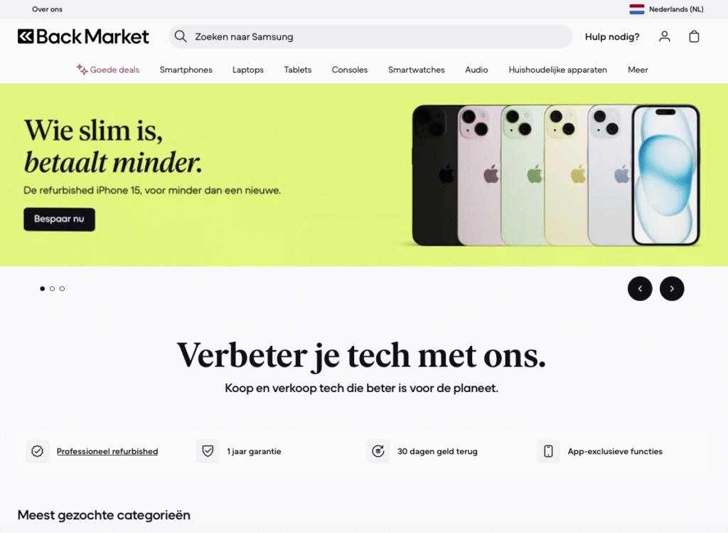 Back Market website met refurbished iPhone 15 aanbiedingen en de slogan 'Wie slim is, betaalt minder'